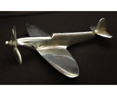 WW2 RAF Trench Art Model of a Spitfire. Hand built from brass and then chrome plated. Propeller will turn. Length 125mm, wing