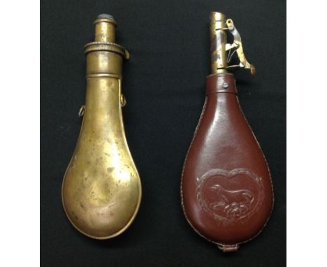 A Brass Powder Flask and a restored Leather Shot Flask. Powder Flask is maker marked "G&amp;JW Hawkley, Sheffield". (2) 