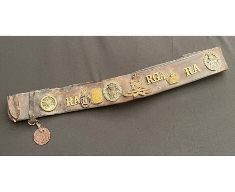 WW1 British Army Private Purchase Leather Money Belt fitted with 10 cap/trade/rank badges. Additionaly fitted with an Identit
