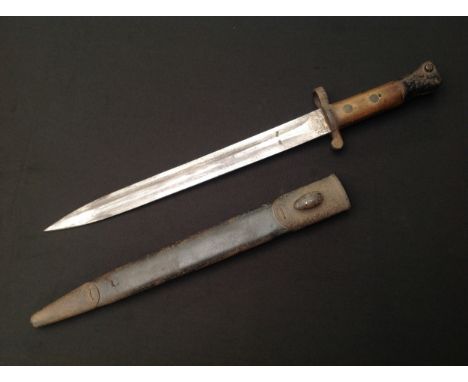 British 1888 pattern Lee Metford bayonet by Wilkinson, London, 30.5cm blade, date marked 7, 98, two-piece wooden grip. Workin