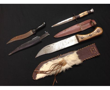 Bowie Knife with 260mm long blade, blade width 50mm. Overall length 410mm. No makers marks. Complete with decorated Western s