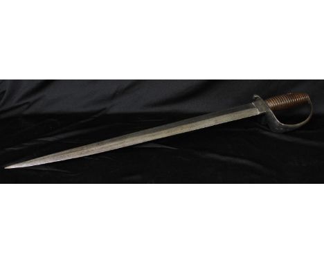 A 19th century Cutlass, 51cm pointed double-edged blade, steel stirrup hilt, ribbed hardwood grip, 62cm long overall. No make