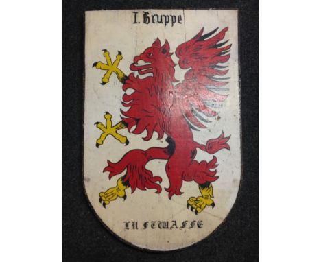 WW2 Third Reich Luftwaffe Hand Painted Plaque with the insignia of I Gruppe, Lehrgeschwader 1. Size 605mm x 397mm. Reverse ha