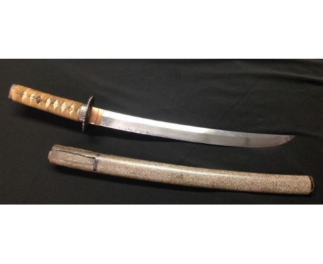 WW2 Imperial Japanese era Wakizashi Sword with single edged blade 39cm in length. No Hamon line visible. Iron Tsuba. Shagreen