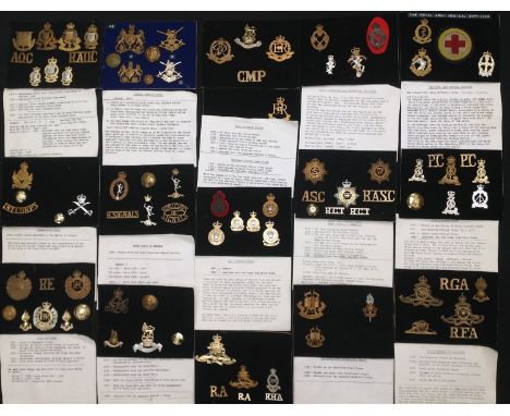 WW2 and later British Army cap badges, collar dogs and buttons all to Corps units to include: Int Corps, RAOC, RAEC, RAPC, Pi