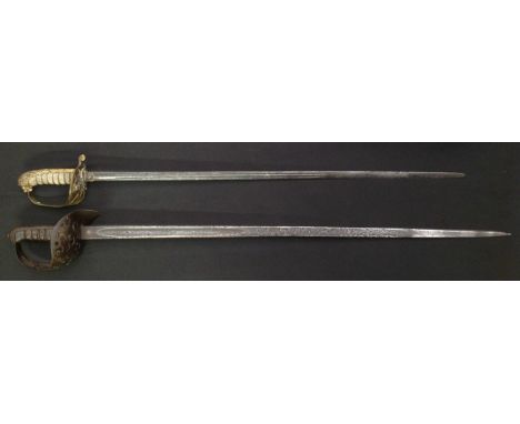 Pair of British Victorian Swords: Army Officers 1897 pattern with single edged fullered blade, 825mm in length, proof marked,