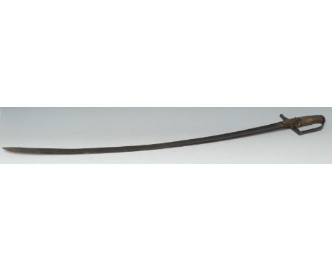 An 18th century cavalry sabre, 83.5cm curved blade engraved with triumphal regalia and flowering leafy stems, stirrup hilt, w