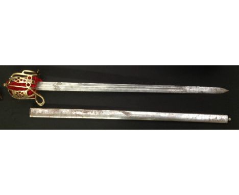 Reproduction Scottish Basket Hilt Sword with double fullered single edged blade  885mm in length. Brass basket guard. Leather