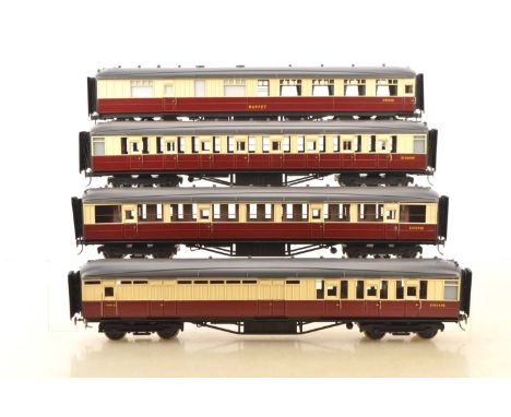 Ian Kirk or similar 0 Gauge Finescale Kit built plastic bodied BR Crimson and Cream (Ex LNER Greasley) coaches (4), All profe