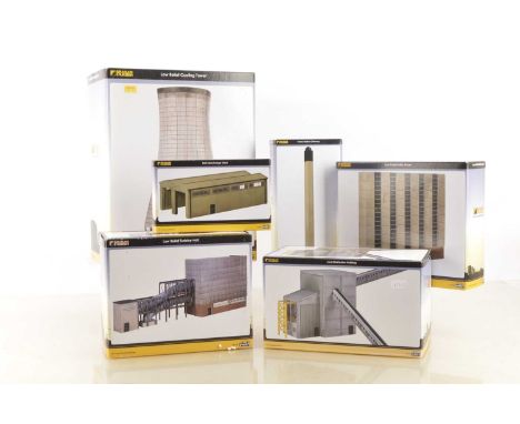 Graham Farish by Bachmann N Scale Trackside Industrial Buildings (6), all boxed, 42-297 Low Relief Cooling Tower, 42-197 Coal