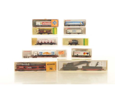 Continental Outline N Gauge Freight Stock and US Outline Crane (10),  Ibertren, 451 bogie car transporter, 5387 Migros refrig
