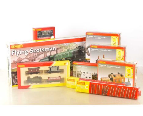 Hornby 00 Gauge R1039 Flying Scotsman Train Set and GWR Goods Pack and Track Packs and Accessory Pack to create a complete mo