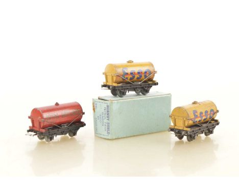 Hornby-Dublo 00 Gauge pre-war Tank wagons (3) Buff Esso (2, one boxed dated 3-39) F-VG, box F-G and red Royal Daylight F, (3)