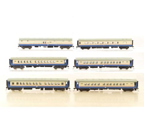 Lima South African HO Gauge Blue and white Coaches (6) modified coaches including, Baggage Car, Dining Car and four standard 
