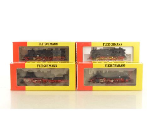 Fleischmann German HO Gauge Steam Locomotives,  four boxed examples, 4155 locomotive with tender, BR 55 4455, tank locomotive