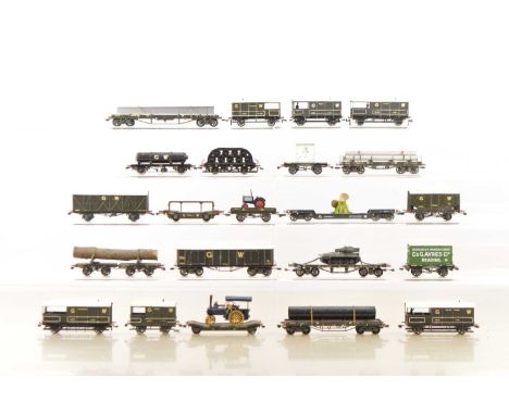 Kitbuilt 00 Gauge GWR gloss grey wagons with loads and various Guards Vans (22), well wagon with Genm Propeller load, various