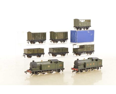 Pair of Hornby-Dublo 00 Gauge 3-Rail early post-war GWR green 0-6-2T Tank Locomotives and wagons (8),  6699 with shirt-button