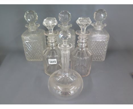 Three matching decanters - Height 25cm - chips to rims of two with a crack - a pair of decanters - Height 18cm - good conditi