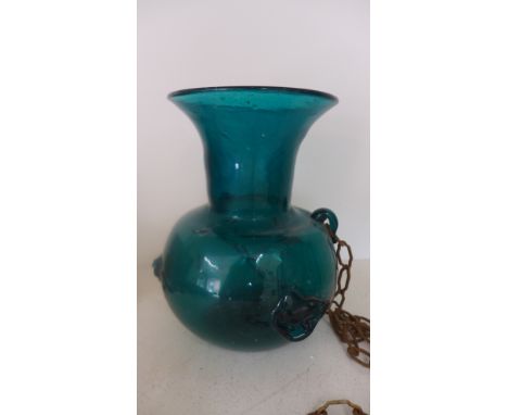 An Islamic green glass hanging temple lamp - Height 21cm - one lug broken off