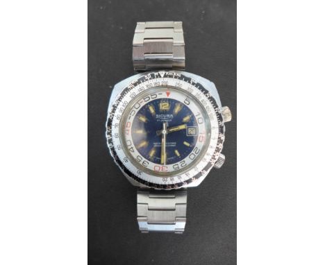 A Gentleman's stainless steel Sicura Pilots watch, dark blue face with Arabic numeral at 12 o'clock, baton markers to other 5