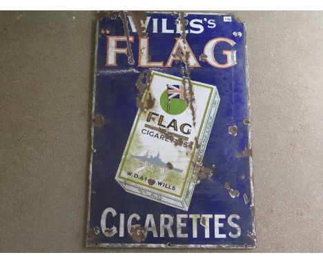 Enamel advertising sign for Wills Flag Cigarettes - some parts of corners missing - 61cm x 91cm