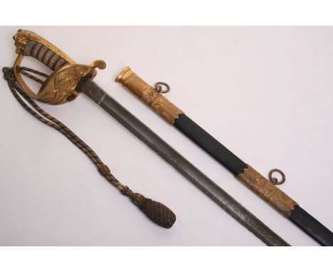 1827 Pattern Royal Navy Officers Sword, with lion head pommel and gilt metal dish guard having crowned fouled anchor to the c