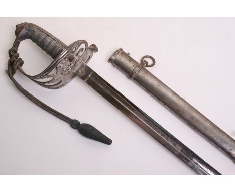 British 1827 Pattern Rifle Officers Sword, with Victorian crowned strung bugle within the guard. Grip retains the original wi