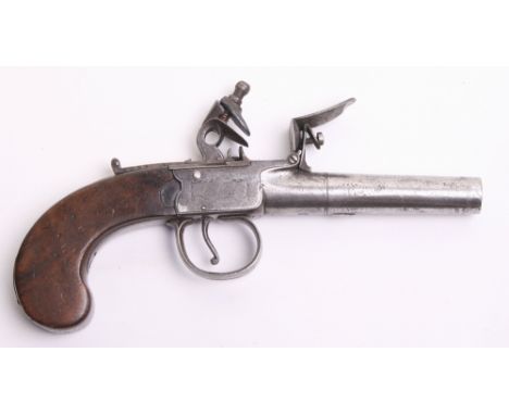 A Flintlock Boxlock Pocket Pistol, turn off barrel, Birmingham proved, frame engraved London beneath swags, sliding top thumb