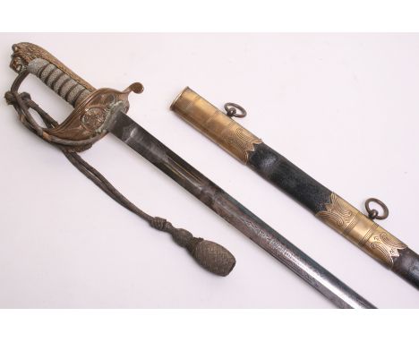 1827 Pattern Royal Navy Officers Sword, with lion head pommel and gilt metal dish guard having kings crown fouled anchor to t