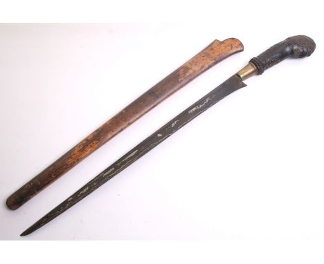 A Balinese Parang, straight single edge blade 50cms with black and silver coloured etched pamor, wooden hilt (cracked) carved