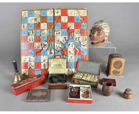 A collection of items, including a set of bone POW dominos, a Mauchline ware money box with transfer scene of Carpet Gardens 