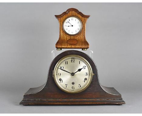 An Edwardian mahogany inlaid mantel clock, with French drum movement together with an oak veneered eight day Napoleon hat clo