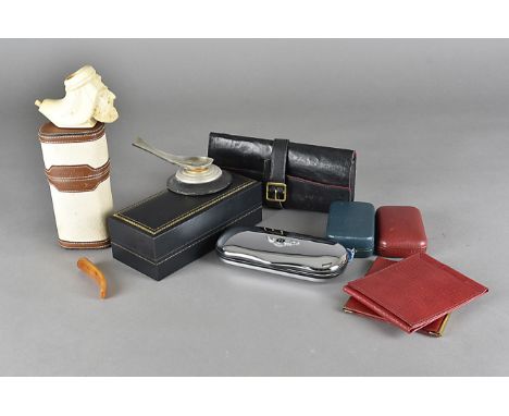 A miscellaneous smoking and ephemera lot, to include a Longchamp's meerschaum and amber pipe, two red leather Dunhill wallets