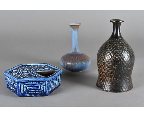 Three Swedish pottery items, including a Stig Lindberg stoneware Gustavberg vase with iron glaze, 19 cm high, two Rorstrand s
