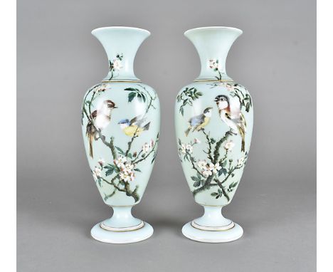 A pair of 19th century glass opaque ovoid vases, the light green bodies decorated with painted song birds on blossom branches