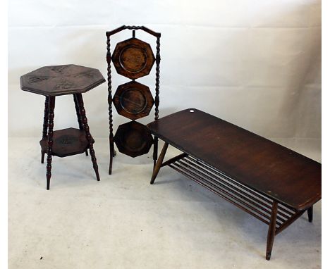 An oak cake stand,  a carved 19th century table, and an Ercol style coffee table (3) 