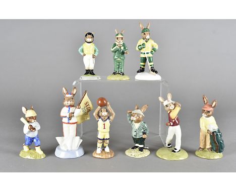 A collection of nine Royal Doulton Bunnykins sports figures, including Bogie, Caddy, Golfer, Home Run etc (9) 