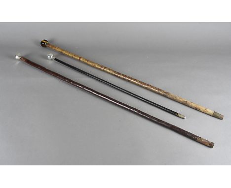 A George V silver collared tiger eye mounted walking cane, together with another with silver topped example and a George V si