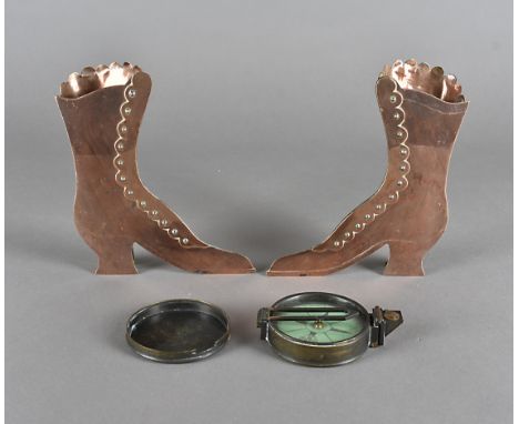 A pair of 19th century copper novelty spill vases, modelled as ladies Victorian boots, 17.5 cm high and a late 19th century b