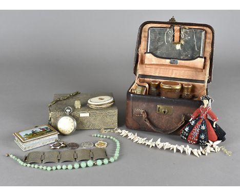 A 19th Century paper and reverse glass painted patch box, a small leather lady's travelling case and various other items 
