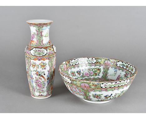 A 19th Century Chinese canton vase, in the famille rose palette, 25.5 cm high together with a similar footed bowl, 26 cm diam