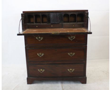 A small Victorian mahogany bureau chest of drawers, having top drawer open to reveal secretaire, above drawer, lower section 