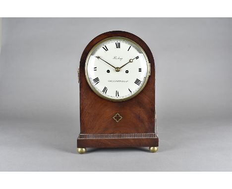 A Georgian mahogany and brass inlaid eight day double fusee mantel clock, with white painted dial, roman numerals, marked Bis
