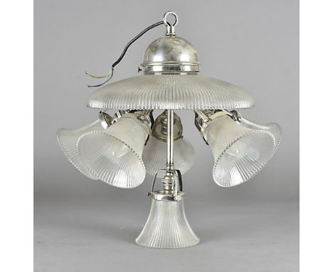 An art deco chromed stainless steel and frosted glass ceiling light, the domed top supporting a single stem drop and four sho