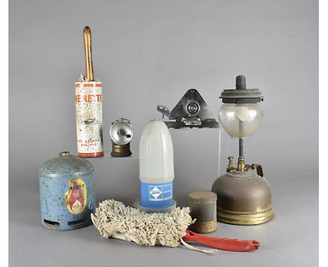A quantity of miscellaneous camping and other lighting equipment, tools etc including a Tilley lamp, various camping stoves a