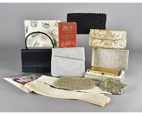 A Christian Dior silk scarf, with pink floral design, seven evening bags, a Rothmans tin cigarette case, shoe horn and other 