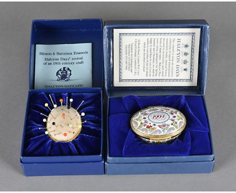 A Halcyon Days enamel year box, and a Halcyon Days pin cushion decorated with mushrooms 