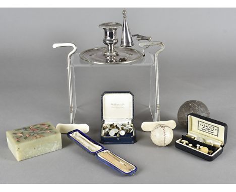 A collection of miscellaneous items, including a gold and pearl stick pin, various mother of pearl dress studs, a pair of ivo