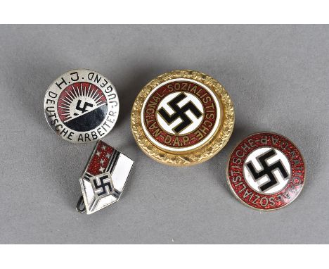 A group of four Third Reich enamel badges, including  the NSDAP Party badge, marked RZM M1/90 to reverse, a Golden Party badg
