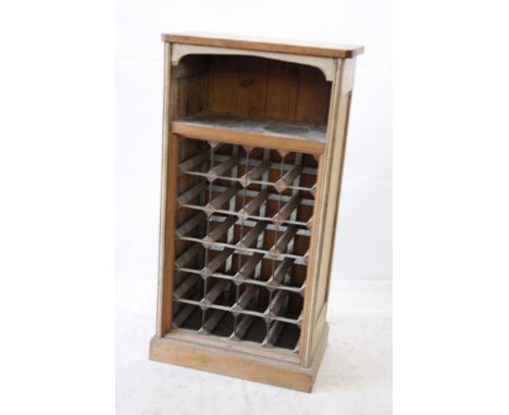 A vintage pine wine rack, lower section with metal and wood compartments and shelf above 